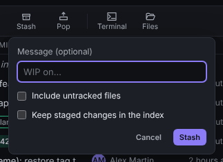 The stash form under the toolbar Stash button, with the message field and the Include untracked files and Keep staged changes in the index checkboxes