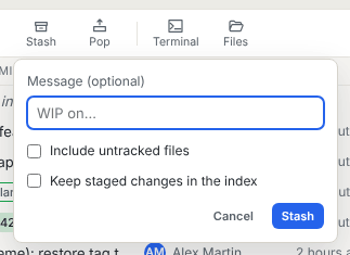 The stash form under the toolbar Stash button, with the message field and the Include untracked files and Keep staged changes in the index checkboxes