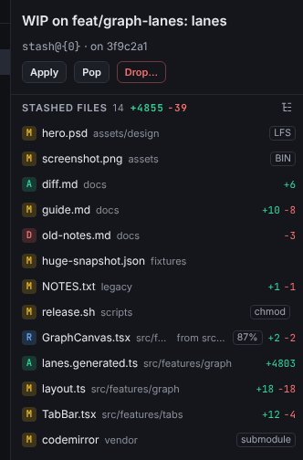 The Stash details panel with the stash message, its base commit, the Apply, Pop and Drop buttons and the list of stashed files