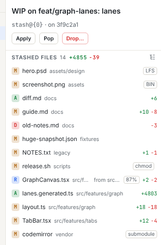 The Stash details panel with the stash message, its base commit, the Apply, Pop and Drop buttons and the list of stashed files