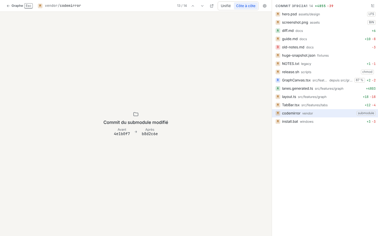 Diff d’un submodule : le panneau Commit du submodule modifié avec les SHA ancien et nouveau