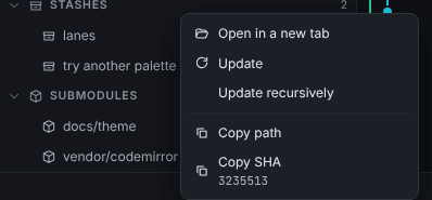 Context menu of an initialized submodule: Open in a new tab, Update, Update recursively, Copy path, Copy SHA