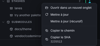 Menu contextuel d’un submodule initialisé : Ouvrir dans un nouvel onglet, Mettre à jour, Mettre à jour (récursif), Copier le chemin, Copier le SHA