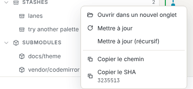 Menu contextuel d’un submodule initialisé : Ouvrir dans un nouvel onglet, Mettre à jour, Mettre à jour (récursif), Copier le chemin, Copier le SHA