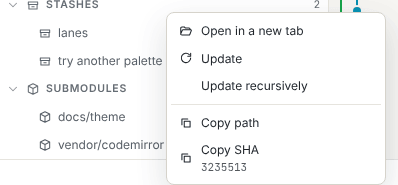 Context menu of an initialized submodule: Open in a new tab, Update, Update recursively, Copy path, Copy SHA