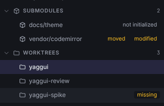 The Submodules and Worktrees sections of the left panel, with the moved, modified and not initialized chips