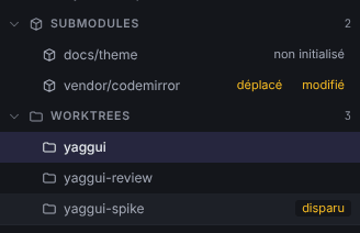Les sections Submodules et Worktrees du panneau gauche, avec les pastilles déplacé, modifié et non initialisé