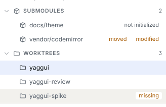 The Submodules and Worktrees sections of the left panel, with the moved, modified and not initialized chips
