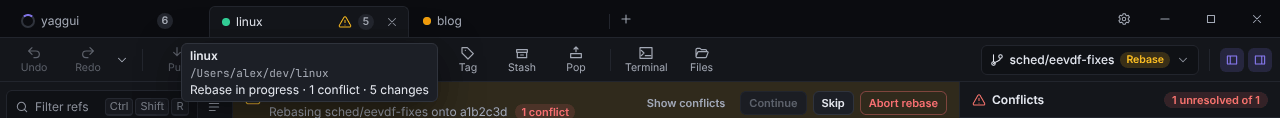 Tab strip with three repositories: a spinner, a warning icon and a change count badge, and the tooltip of the active tab