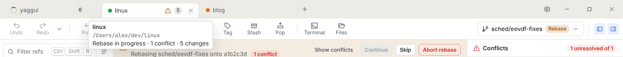 Tab strip with three repositories: a spinner, a warning icon and a change count badge, and the tooltip of the active tab