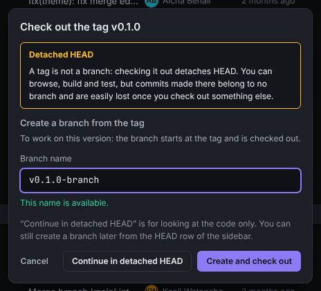 The Check out the tag dialog with the Detached HEAD warning, the Create a branch from the tag field and the Continue in detached HEAD button