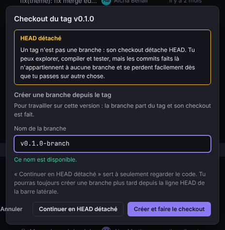 La boîte de dialogue Checkout du tag avec l’avertissement HEAD détaché, le champ Créer une branche depuis le tag et le bouton Continuer en HEAD détaché