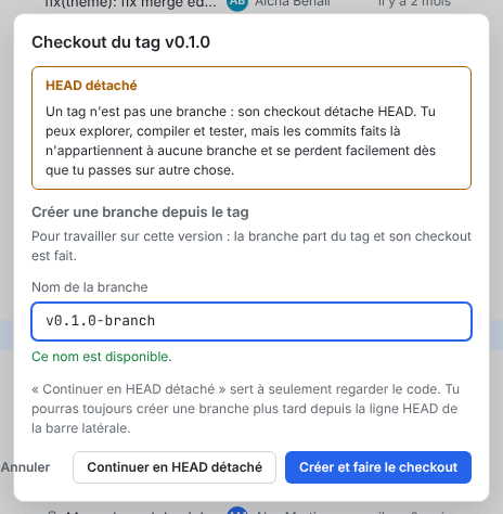 La boîte de dialogue Checkout du tag avec l’avertissement HEAD détaché, le champ Créer une branche depuis le tag et le bouton Continuer en HEAD détaché