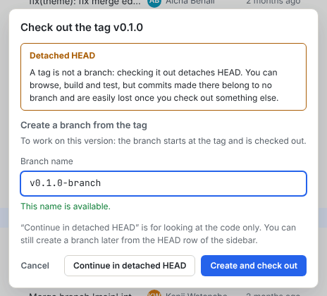 The Check out the tag dialog with the Detached HEAD warning, the Create a branch from the tag field and the Continue in detached HEAD button