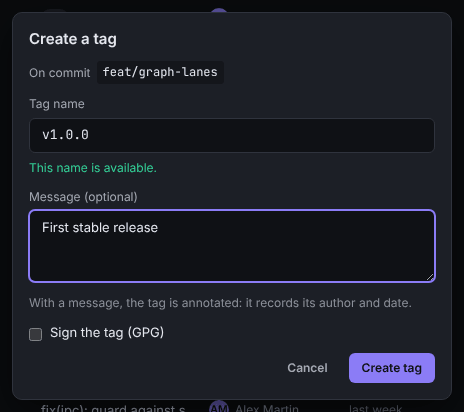 The Create a tag dialog with the target commit, the tag name field, the optional message and the Sign the tag (GPG) checkbox