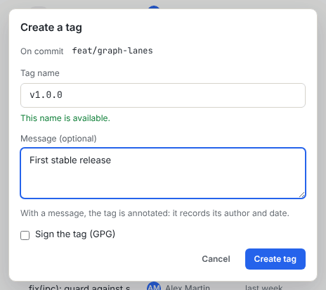 The Create a tag dialog with the target commit, the tag name field, the optional message and the Sign the tag (GPG) checkbox