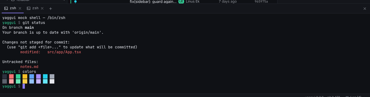 The integrated terminal panel at the bottom of a repository, with two terminal tabs and git status output