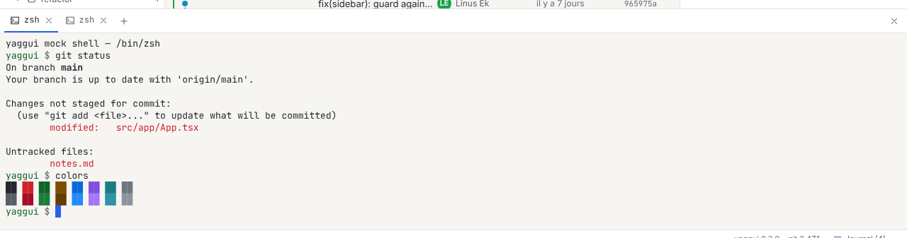 Le panneau de terminal intégré en bas d’un dépôt, avec deux onglets de terminal et la sortie de git status