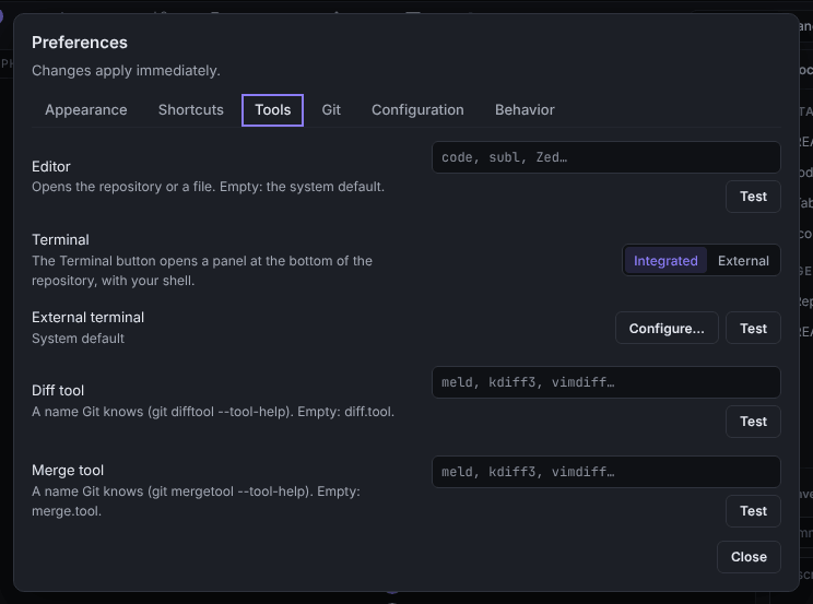 The Tools tab of Preferences with the Terminal setting set to Integrated and the External terminal row