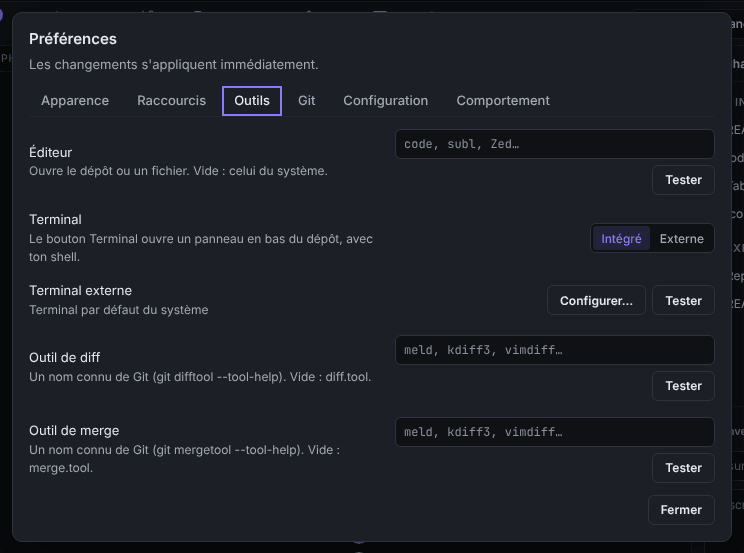L’onglet Outils des Préférences, avec le réglage Terminal sur Intégré et la ligne Terminal externe