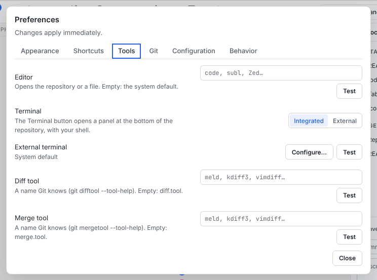 The Tools tab of Preferences with the Terminal setting set to Integrated and the External terminal row