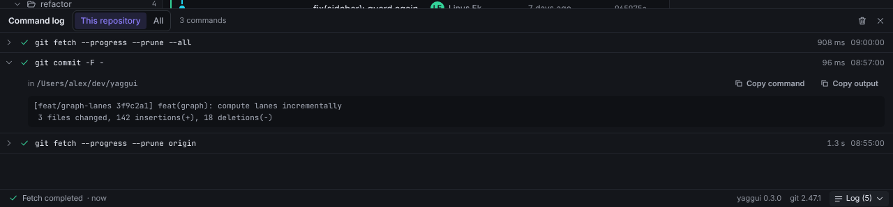 The command log panel open at the bottom of the window, with one command expanded to show its output