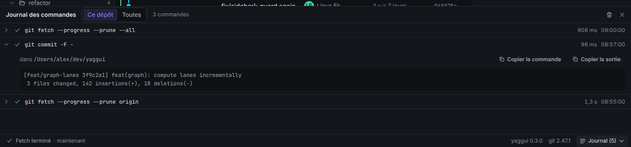 Le panneau du journal des commandes ouvert en bas de la fenêtre, avec une commande dépliée pour montrer sa sortie