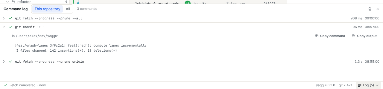 The command log panel open at the bottom of the window, with one command expanded to show its output