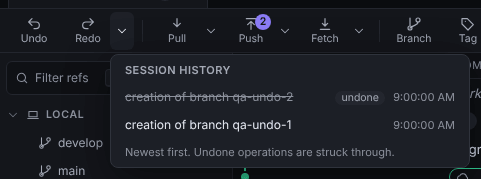 Session history popover listing operations newest first, one struck through and marked undone, with their times