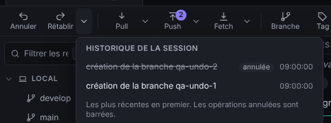 Panneau flottant Historique de la session listant les opérations de la plus récente à la plus ancienne, l’une barrée et marquée annulée, avec leur heure