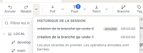 Panneau flottant Historique de la session listant les opérations de la plus récente à la plus ancienne, l’une barrée et marquée annulée, avec leur heure