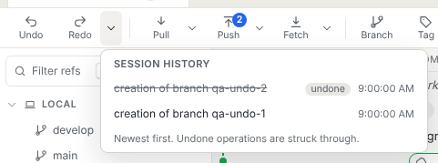 Session history popover listing operations newest first, one struck through and marked undone, with their times