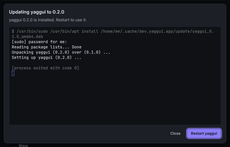The Updating yaggui dialog with a terminal running the package manager
