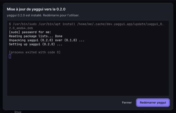 La boîte de dialogue de mise à jour de yaggui, avec un terminal où s’exécute le gestionnaire de paquets