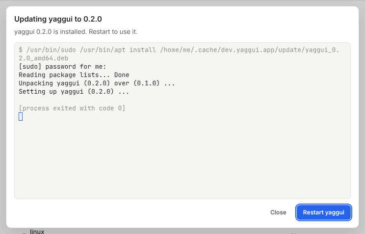 The Updating yaggui dialog with a terminal running the package manager