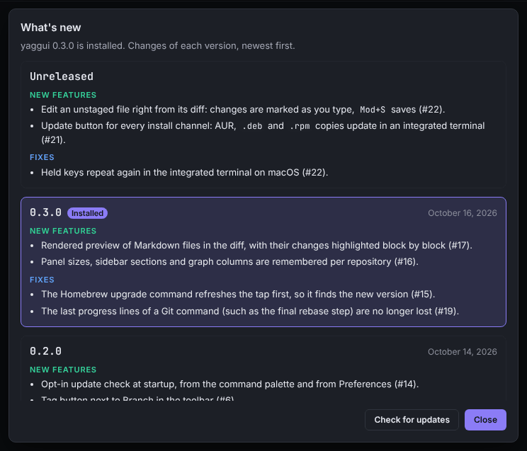 The What's new dialog listing releases with their new features and fixes
