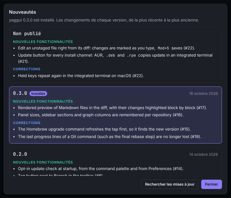 La boîte de dialogue Nouveautés, qui liste les releases avec leurs nouvelles fonctionnalités et leurs corrections