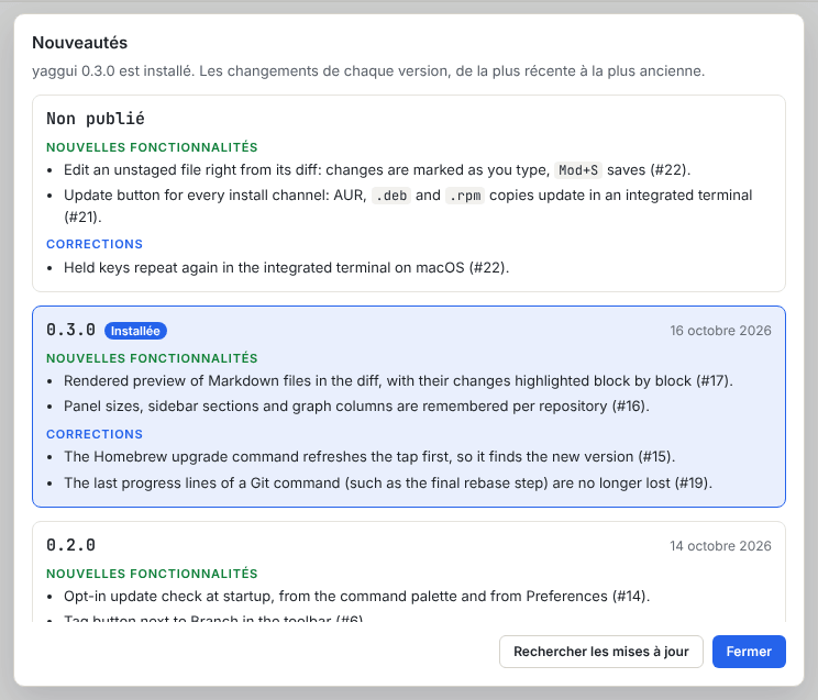 La boîte de dialogue Nouveautés, qui liste les releases avec leurs nouvelles fonctionnalités et leurs corrections