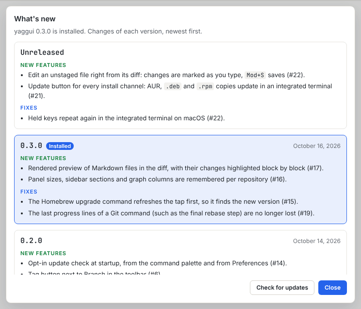 The What's new dialog listing releases with their new features and fixes