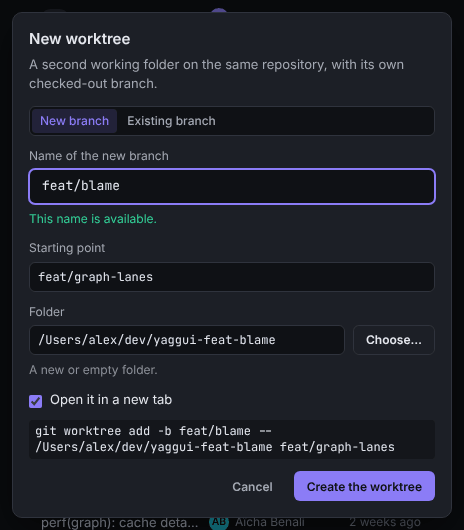 The New worktree dialog in New branch mode, with branch name, starting point, folder and the git worktree add command