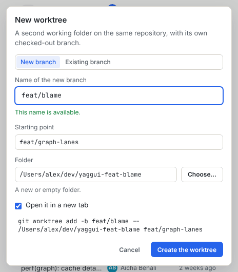 The New worktree dialog in New branch mode, with branch name, starting point, folder and the git worktree add command